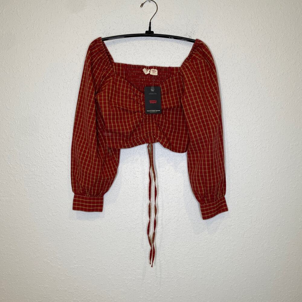 Levi’s Slim Cropped Plaid Statement Devin Blouse Long Sleeve Smocked NWT Sz XS